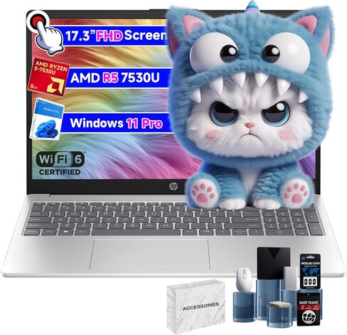 HP 17 inch Touchscreen Laptop, 17.3" HD+ Anti-Glare Display, AMD Ryzen 5 7530U, 32GB DDR4 RAM, 1TB SSD, AMD Radeon Graphics, Windows 11 Pro, Numeric Keypad, w/Accessories in Kuwait
