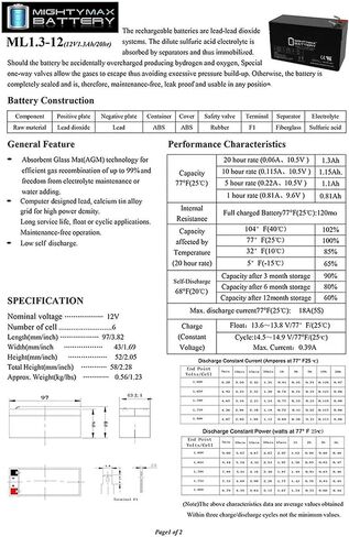 Mighty Max Battery Ml1.3-12 - 12 Volt 1.3 AH ، F1 Terminal ، بطارية AGM قابلة لإعادة الشحن in Saudi Arabia