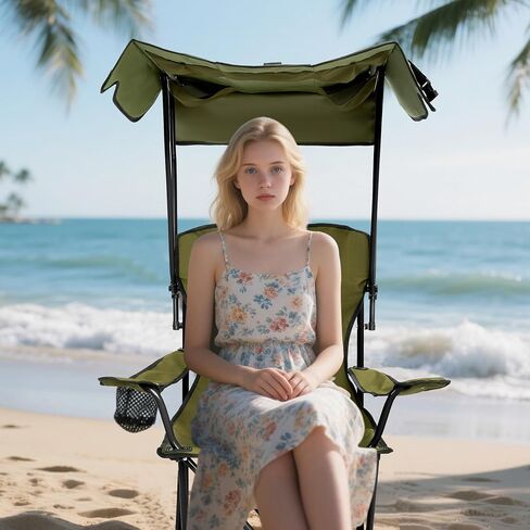 Folding Camping Chair with Canopy, Portable Outdoor Beach Chair for Fishing, BBQ, Picnic, Backyard, Lightweight Sun Shade Chair with Cup Holder, Navy Blue in Saudi Arabia