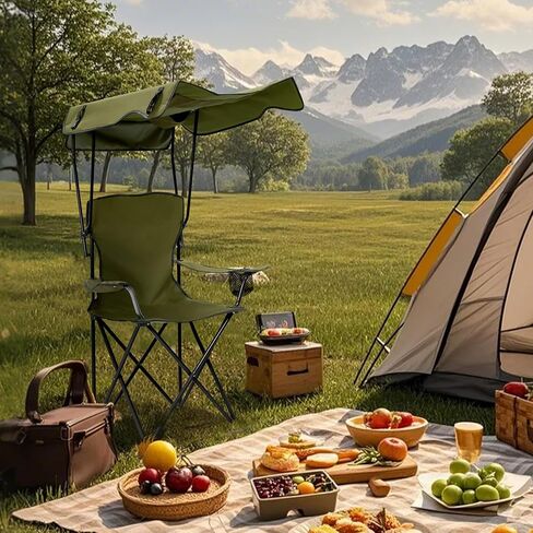 Folding Camping Chair with Canopy, Portable Outdoor Beach Chair for Fishing, BBQ, Picnic, Backyard, Lightweight Sun Shade Chair with Cup Holder, Navy Blue in Saudi Arabia