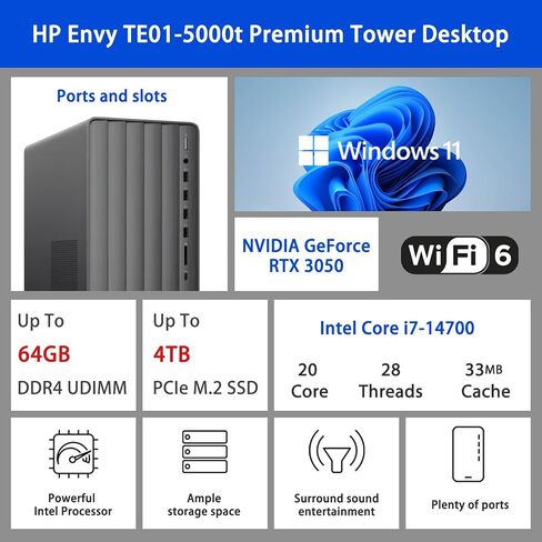 HP Envy AI Copilot Pro Business Desktop ، Intel Core I7-14700 ، NVIDIA GEFORCE RTX 3050 ، 32GB RAM ، 1TB SSD ، RJ45 ، WI-FI 6 ، Windows 11 Pro ، Black ، مع ADATA 512GB Bundle SSD SSD SSD SSD in Kuwait