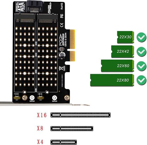 PH42 Dual M.2 NVMe & NGFF SSD to PCIe Adapter 32Gbps /6Gbps Supports M-Key & B-Key B+M Key SSD Support X4 X8 X16 Slot with SATA Cable in Saudi Arabia