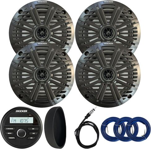 Kicker 46kmc2 Marine Bluetooth All-Weather AM/FM USB/AUX Gauge Media Center Receiver W/غطاء أسود ، 4x 6.5 195W مكبرات صوت محورية كحد أقصى مع الشبكة الفحم ، هوائي راديو ، سلك مكبر صوت 3x in Saudi Arabia