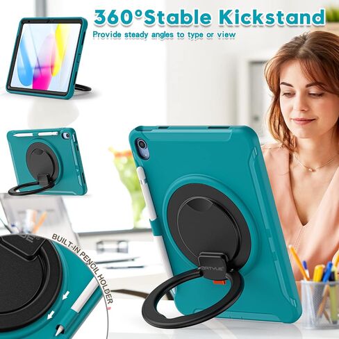 BATYUE Case for iPad (A16) 11th/10th Generation 10.9'' inch 2025/2022, Rugged Protective Shockproof Cover for Kids Girls with Screen Protector, 360° Rotating Stand, Pencil Holder, Emerald Green in Kuwait