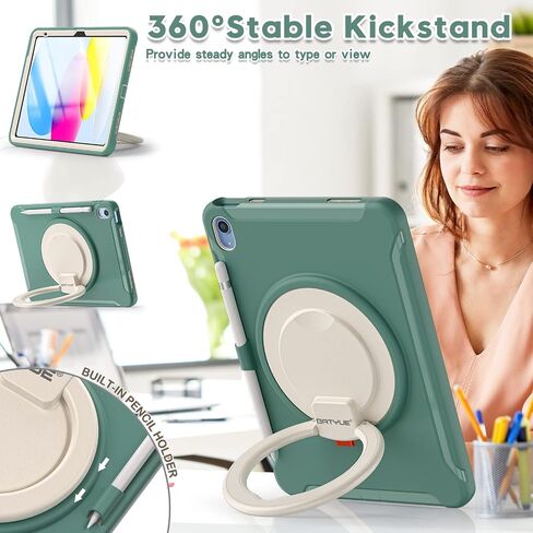BATYUE Case for iPad (A16) 11th/10th Generation 10.9'' inch 2025/2022, Rugged Protective Shockproof Cover for Kids Girls with Screen Protector, 360° Rotating Stand, Pencil Holder, Emerald Green in Kuwait