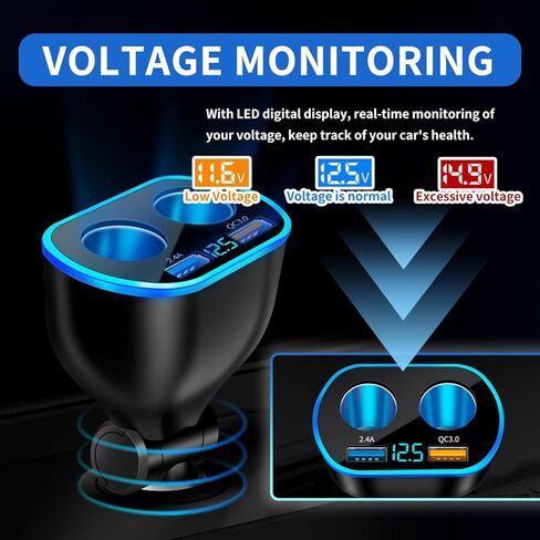 2025 Upgrade Car Careette Wighter Dlitter ، 4 في 1 محول ولاعة سجائر مزدوجة مع منفذ USB 2.4A و QC3.0 سريعًا للهاتف المحمول ، داش كاميرا ، شاحن سيارة 12/24 فولت مع LED Voltmeter in Kuwait