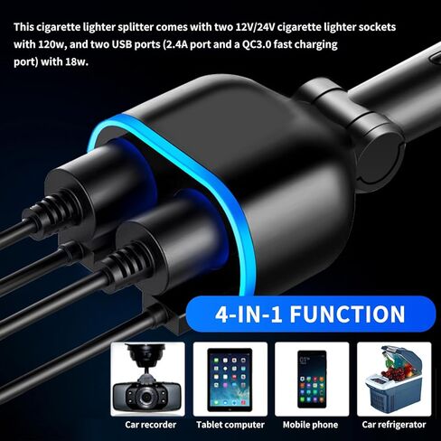 2025 Upgrade Car Careette Wighter Dlitter ، 4 في 1 محول ولاعة سجائر مزدوجة مع منفذ USB 2.4A و QC3.0 سريعًا للهاتف المحمول ، داش كاميرا ، شاحن سيارة 12/24 فولت مع LED Voltmeter in Kuwait