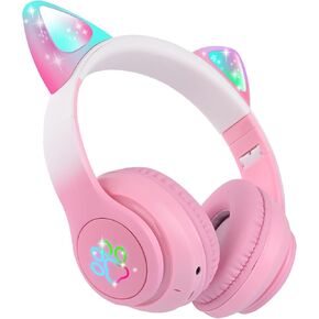 Kids Wireless Headphones LED Light up Cat Bluetooth Headphones, Color Changing Cat Ear Wireless Headsets with Microphone for Kids/Girls/School/Christmas (Pink Pro) in Saudi Arabia