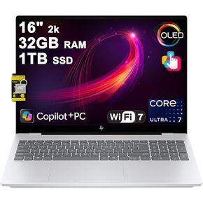 HP OmniBook 7 AI Laptop 16" 2k (2048x1280) OLED Touch (HDR 500nits, 100% DCI-P3) Intel 16-core Ultra 7 255H 32GB RAM 2TB SSD for Designer Business Professional Backlit Win11Pro ICP Hub w/Copilot in Kuwait