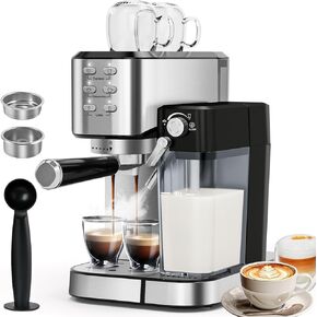 Espresso Machine 20 Bar, Coffee Maker with Automatic Milk Frother, 6-in-1 One-Touch Small/Large Shot, Espresso Maker for Cappuccino/Latte, Compact for Home and Office, Stainless Steel in Saudi Arabia