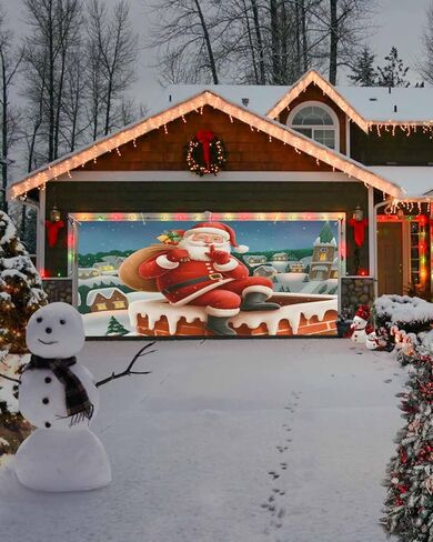 عيد الميلاد باب المرآب راية غطاء 7 × 8 قدم، عيد الميلاد سانتا كلوز مع الهدايا قرية الثلج عيد الميلاد باب المرآب الزينة عطلة عيد الميلاد خلفية ديكور لفصل الشتاء السنة الجديدة حفلة عيد الميلاد in Kuwait