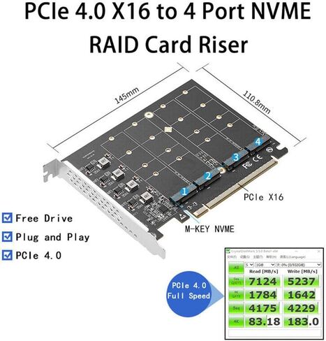 Quad NVME PCIE Adapter 4 Port M.2 NVME M KEY SSD إلى PCIE 4.0 X16 سرعة بطاقة EX in Saudi Arabia