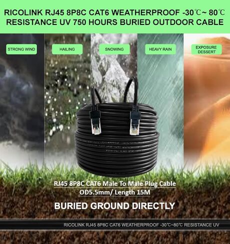 RJ45 8P8C CAT6 Ethernet مقاوم للماء 50 قدمًا -30 ℃ ~ 80 ℃ مقاومة UV 750 ساعة دفن كابل في الهواء الطلق in Saudi Arabia