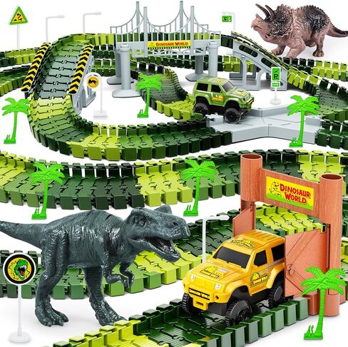 Dinosaur Tracks, 271 PCS Create A Dinosaur World Road Race for Kids Boys Toys Flexible Train Tracks Set with 2 Cool Race Cars and 2 Dinosaur Toys for Age 3 4 5 6 7 8 Year & Up Old Boy Girls Best Gift in Saudi Arabia