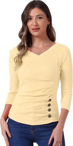 Allegra K Women's V Neck Blouse 3/4 Sleeves Solid Knitted Buttons Decor Ruched Top in Kuwait