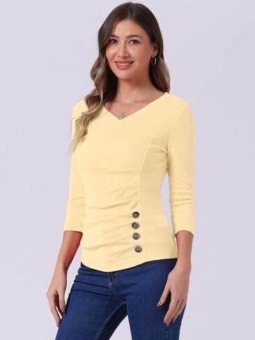 Allegra K Women's V Neck Blouse 3/4 Sleeves Solid Knitted Buttons Decor Ruched Top in Kuwait
