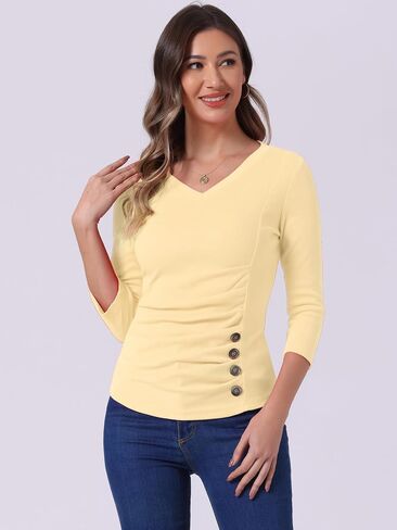 Allegra K Women's V Neck Blouse 3/4 Sleeves Solid Knitted Buttons Decor Ruched Top in Kuwait