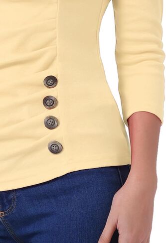 Allegra K Women's V Neck Blouse 3/4 Sleeves Solid Knitted Buttons Decor Ruched Top in Kuwait