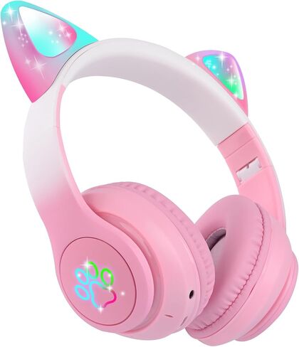 Kids Wireless Headphones LED Light up Cat Bluetooth Headphones, Color Changing Cat Ear Wireless Headsets with Microphone for Kids/Girls/School/Christmas (Pink Pro) in Saudi Arabia