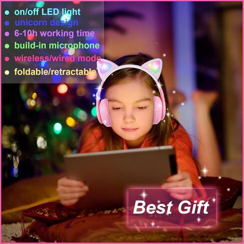 Kids Wireless Headphones LED Light up Cat Bluetooth Headphones, Color Changing Cat Ear Wireless Headsets with Microphone for Kids/Girls/School/Christmas (Pink Pro) in Saudi Arabia