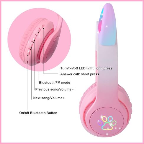 Kids Wireless Headphones LED Light up Cat Bluetooth Headphones, Color Changing Cat Ear Wireless Headsets with Microphone for Kids/Girls/School/Christmas (Pink Pro) in Saudi Arabia
