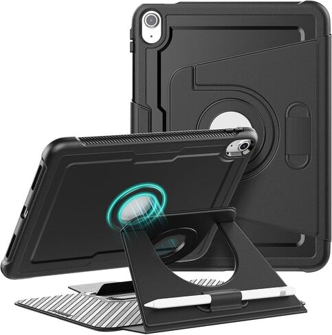 Case for iPad (A16) 11th/10th Generation 2025/2022 11″/10.9″, Heavy Duty Shockproof Case with 360 Rotating Magnetic Stand, Detachable Magnetic Cover, Pencil Holder, Auto Sleep/Wake, Black in Kuwait