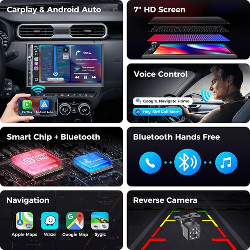ستيريو مزدوج سيارة DIN مع شاشة تعمل باللمس 7 بوصات ، و Apple Carplay و Android Auto ، و Bluetooth ، و 240 واط ، و SWC ، وإخراج مضخم الصوت ، ومستقبل راديو سيارة FM/AM ، ورابط المرآة ، والنسخ الاحتياطي in Kuwait