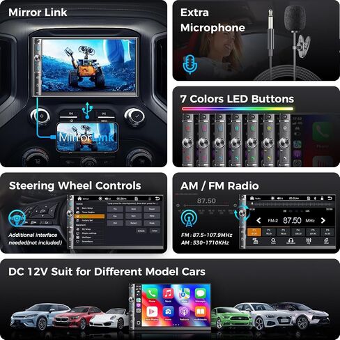 ستيريو مزدوج سيارة DIN مع شاشة تعمل باللمس 7 بوصات ، و Apple Carplay و Android Auto ، و Bluetooth ، و 240 واط ، و SWC ، وإخراج مضخم الصوت ، ومستقبل راديو سيارة FM/AM ، ورابط المرآة ، والنسخ الاحتياطي in Kuwait