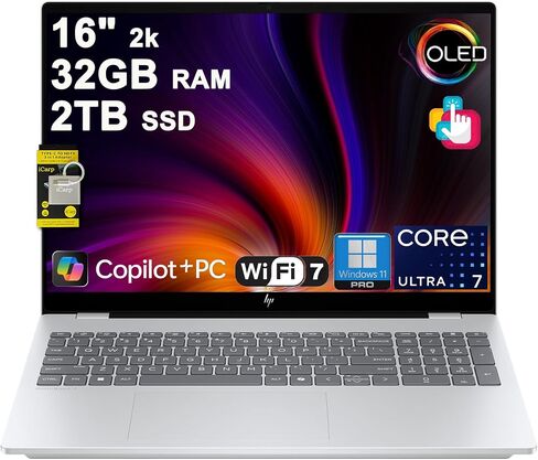 HP Omnibook 7 AI Laptop 16 "2K (2048x1280) OLED Touch (HDR 500NITS ، 100 ٪ DCI-P3) Intel 16-Core Ultra 7 255H 32GB RAM 2TB SSD للمصمم Professional Professional Professional Win11pro ICP W/Copilot in Kuwait