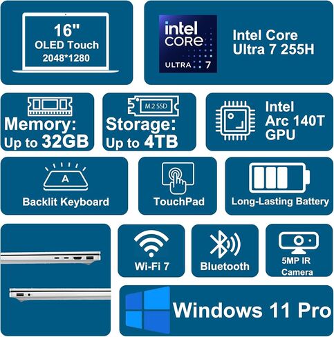 HP Omnibook 7 AI Laptop 16 "2K (2048x1280) OLED Touch (HDR 500NITS ، 100 ٪ DCI-P3) Intel 16-Core Ultra 7 255H 32GB RAM 2TB SSD للمصمم Professional Professional Professional Win11pro ICP W/Copilot in Kuwait