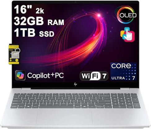 HP Omnibook 7 AI Laptop 16 "2K (2048x1280) OLED Touch (HDR 500NITS ، 100 ٪ DCI-P3) Intel 16-Core Ultra 7 255H 32GB RAM 2TB SSD للمصمم Professional Professional Professional Win11pro ICP W/Copilot in Kuwait