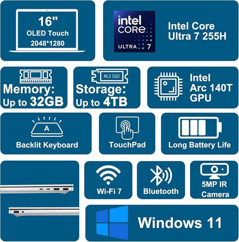 HP Omnibook 7 AI Laptop 16 "2K (2048x1280) OLED Touch (HDR 500NITS ، 100 ٪ DCI-P3) Intel 16-Core Ultra 7 255H 32GB RAM 2TB SSD للمصمم Professional Professional Professional Win11pro ICP W/Copilot in Kuwait