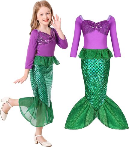 فساتين أميرات حورية البحر من ALIZIWAY أزياء أرييل للفتيات الصغيرات لحفلات أعياد الميلاد والهالوين التنكرية in Kuwait