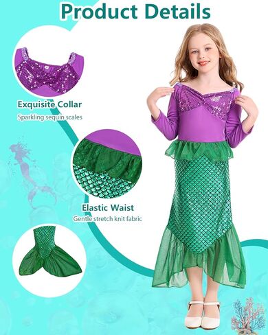 فساتين أميرات حورية البحر من ALIZIWAY أزياء أرييل للفتيات الصغيرات لحفلات أعياد الميلاد والهالوين التنكرية in Kuwait
