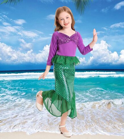 فساتين أميرات حورية البحر من ALIZIWAY أزياء أرييل للفتيات الصغيرات لحفلات أعياد الميلاد والهالوين التنكرية in Kuwait