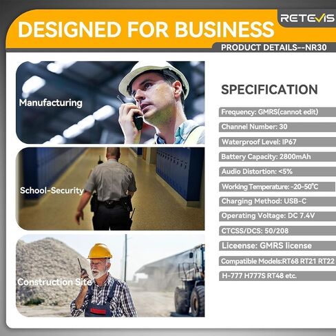 RETEVIS NR30 Professional 2 Way Radios Bulk ، IP67 مقاوم للماء راديو ثنائية الاتجاه مع MIC ، ومكتب الشقوق الشاقة ، وإلغاء الضوضاء ، والاتصال الجماعي ، لفريق النقل الصناعي (10 عبوات) in Kuwait