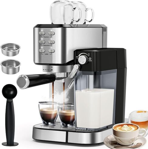 Espresso Machine 20 Bar, Coffee Maker with Automatic Milk Frother, 6-in-1 One-Touch Small/Large Shot, Espresso Maker for Cappuccino/Latte, Compact for Home and Office, Stainless Steel in Saudi Arabia