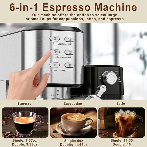 Espresso Machine 20 Bar, Coffee Maker with Automatic Milk Frother, 6-in-1 One-Touch Small/Large Shot, Espresso Maker for Cappuccino/Latte, Compact for Home and Office, Stainless Steel in Saudi Arabia