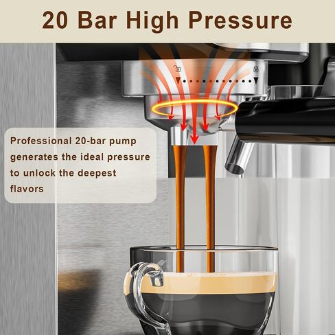 Espresso Machine 20 Bar, Coffee Maker with Automatic Milk Frother, 6-in-1 One-Touch Small/Large Shot, Espresso Maker for Cappuccino/Latte, Compact for Home and Office, Stainless Steel in Saudi Arabia