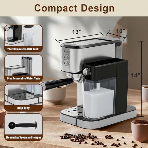 Espresso Machine 20 Bar, Coffee Maker with Automatic Milk Frother, 6-in-1 One-Touch Small/Large Shot, Espresso Maker for Cappuccino/Latte, Compact for Home and Office, Stainless Steel in Saudi Arabia