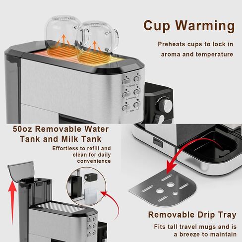 Espresso Machine 20 Bar, Coffee Maker with Automatic Milk Frother, 6-in-1 One-Touch Small/Large Shot, Espresso Maker for Cappuccino/Latte, Compact for Home and Office, Stainless Steel in Saudi Arabia