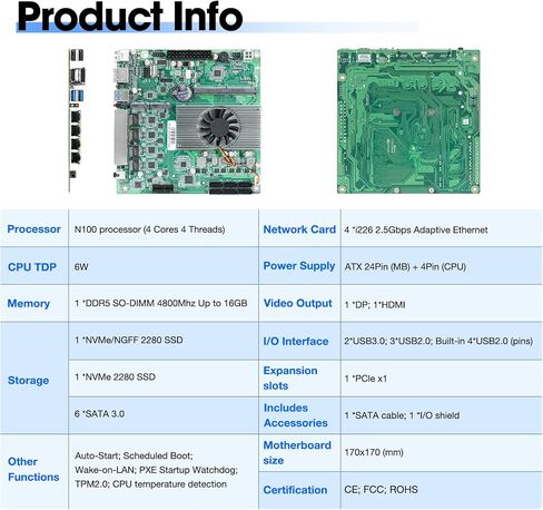 6-Bay NAS Motherboard N150 6*SATA3.0 2*M.2 NVMe 4 * 2.5G Nics 1*PCIE X1 1*DDR5 Low Power Firewall ITX Mainboard in Saudi Arabia
