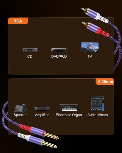 AILKIN 10FT Dual 6.35mm to Dual RCA Audio Cable, Quarter Inch Aux to RCA Splitter Auxiliary Cable, 1/4 Inch Male to RCA Male Aux Cord for TV, DVD/VCD, Amplifier, Mixer, DJ Controller, Studio Monitors in Saudi Arabia