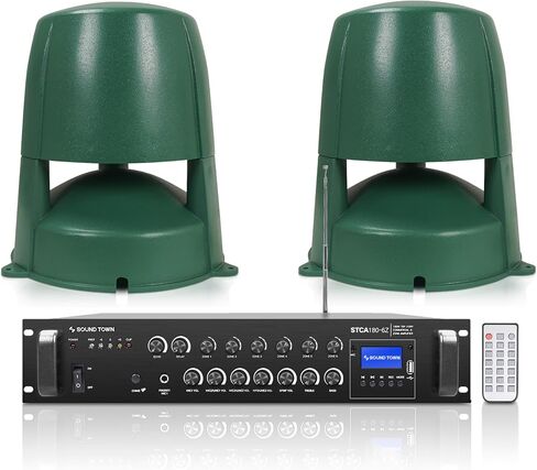 Sound Town Commercial Residential Omni Outdoor Speaker+Amplifier Set, One 6-Zone 70V/100V Amplifier with Bluetooth, 2 x 6.5 High-Fidelity Outdoor 360° Dispersion Speakers, Green(STCA180X2OMNI62G) in Saudi Arabia