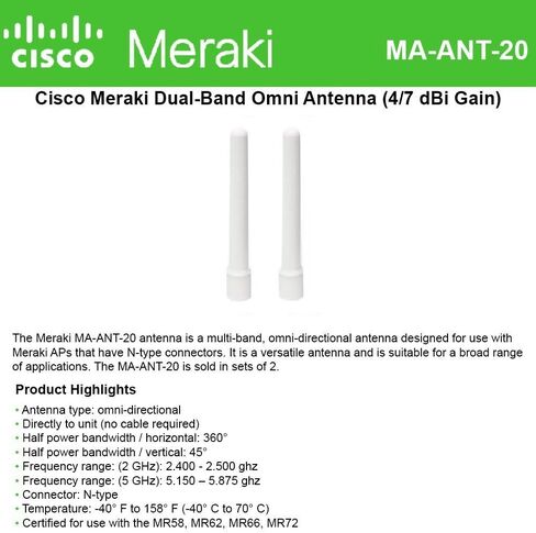 Cisco Meraki Dual-Band Omni Antenna (4/7 dBi) for MR66 & MR72 access points, 2-Pack Antenna Kit (Renewed) in Saudi Arabia