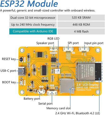 FreeNove ESP32 عرض Cyd ، شاشة لمس 4.0 بوصة لمس ، 320 × 480 بكسل TN TFT شاشة ST77796 DRIVER ، ثنائي النواة 32 بت 240 MHz متحكم microcontroller WIFI+BT ، C Code LVGL مثال المشاريع مشاريع المشاريع in Saudi Arabia
