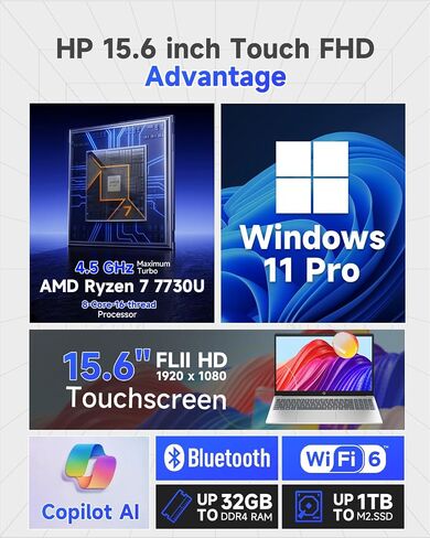 HP 2025 15.6" Touchscreen Business Laptop, AMD Ryzen 7 7730U (8-Core, Beats i7-1355U), 64GB RAM 2TB SSD, Numeric Keyboard, Copilot Key, Wi-Fi 6, Windows 11 Pro, w/Accessories in Kuwait