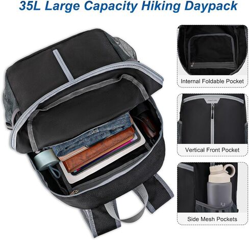 Mosiso خفيفة الوزن المشي لمسافات طويلة daypack ، 35L حقيبة ظهر قابلة للعباء ، حقيبة يوم قابلة للطي مع مقصورات ملابس مبللة للتخييم في الهواء الطلق ، أسود in Saudi Arabia