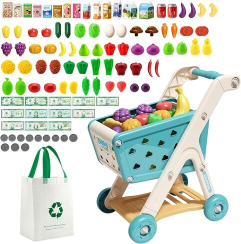 Jovow 102pcs Kids Shopping Cart Trolley Play Set with Pretend Food in Saudi Arabia