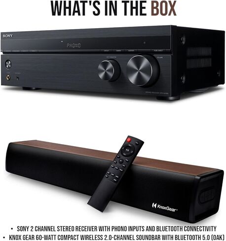 Sony 2 Channel Stereo Receiver with Phono Inputs and Bluetooth Connectivity Bundle with Knox Gear 60-Watt Compact Wireless 2.0-Channel Soundbar with Bluetooth 5.0 (Oak) (2 Items) in Saudi Arabia